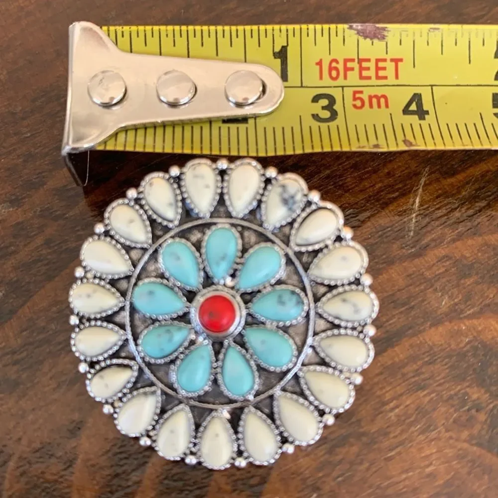 Western Flower Cluster Work Concho Style Earrings, Turquoise Blue White Red
